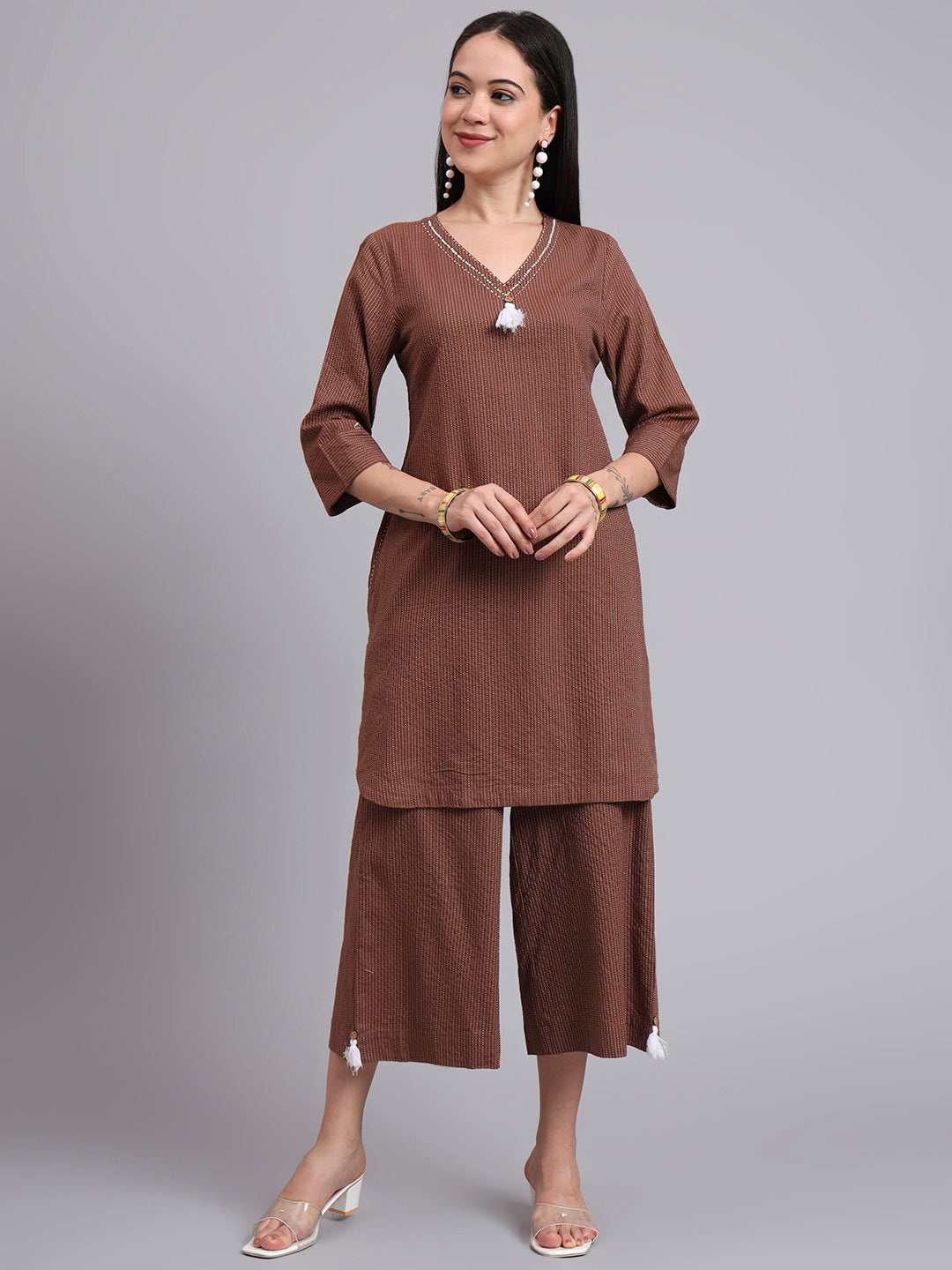 Women Brown Cotton Khatha & Hand Work Co-ord Set (Set of 2)