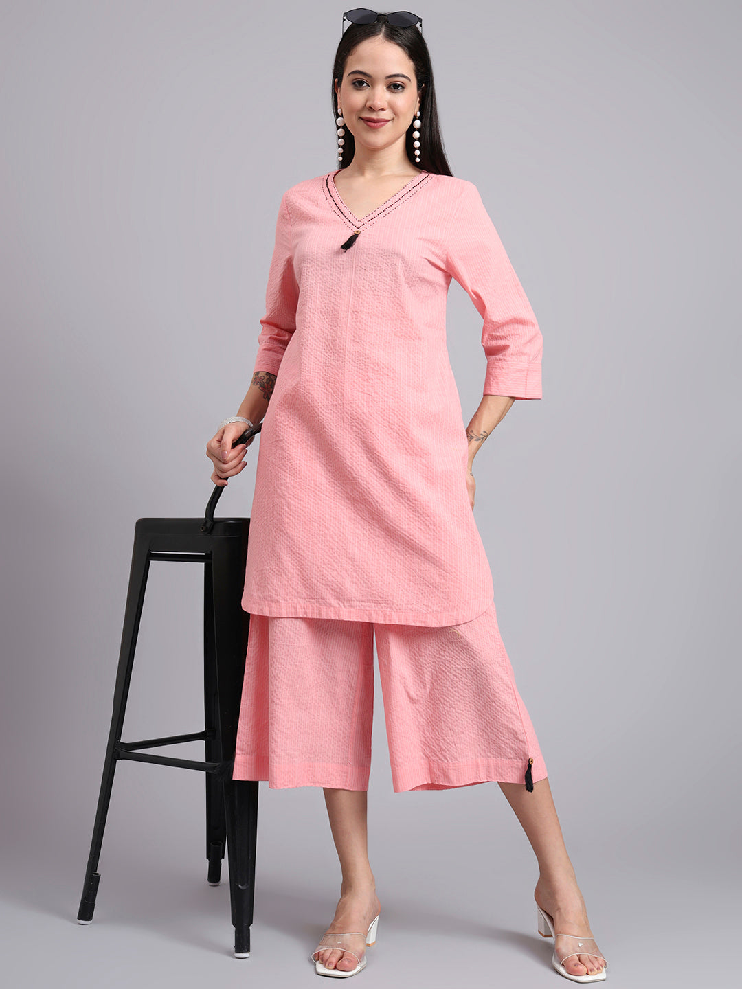 Women Pink Cotton Khatha & Hand Work Co-ord Set (Set of 2)