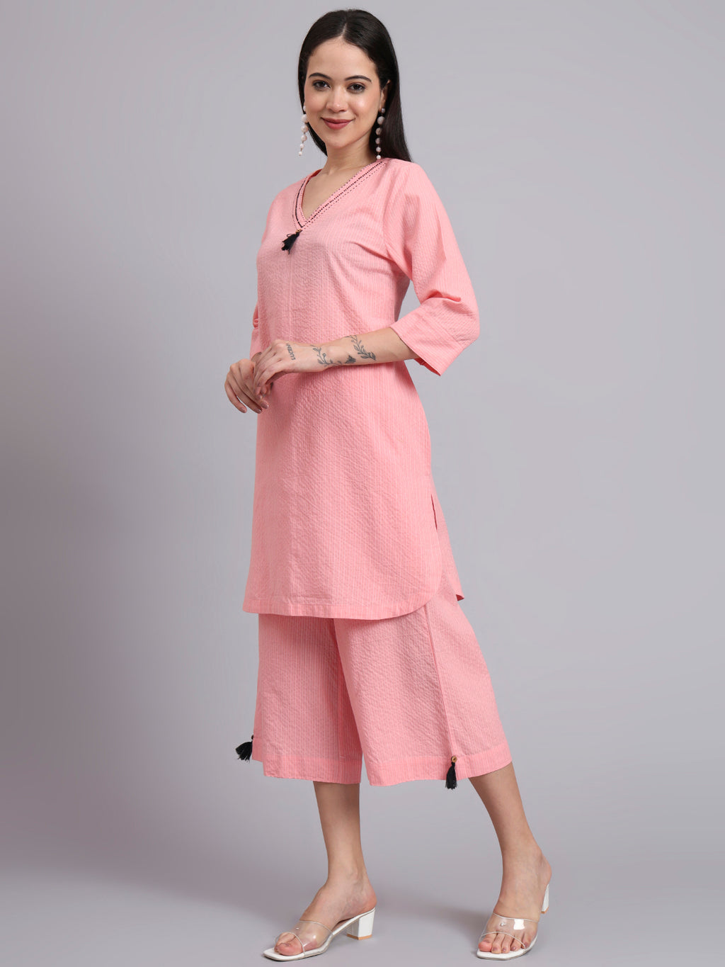 Women Pink Cotton Khatha & Hand Work Co-ord Set (Set of 2)