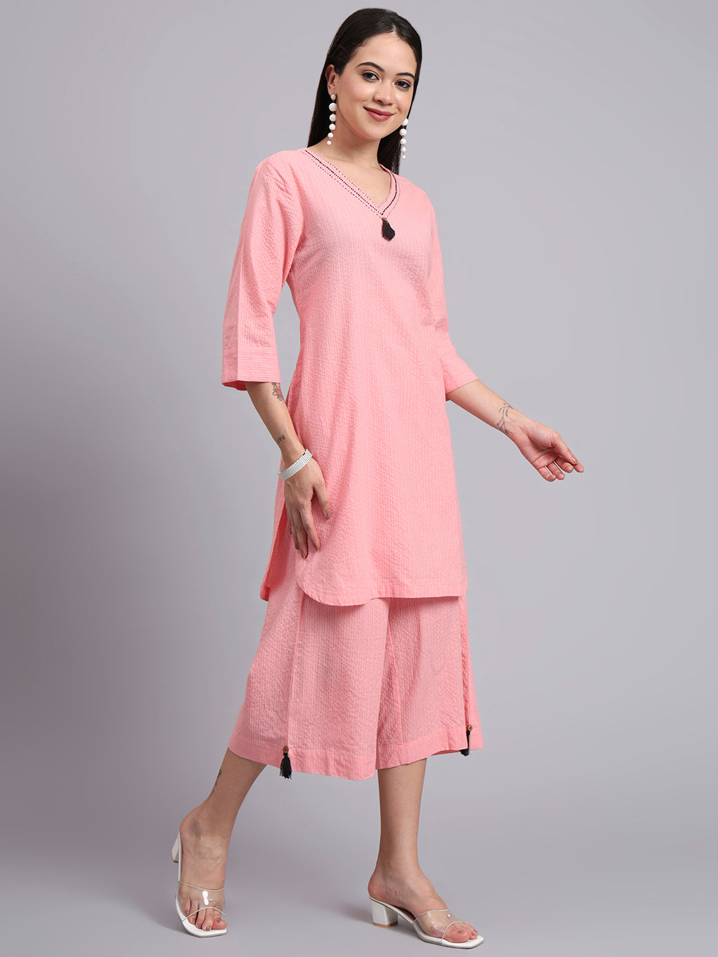 Women Pink Cotton Khatha & Hand Work Co-ord Set (Set of 2)