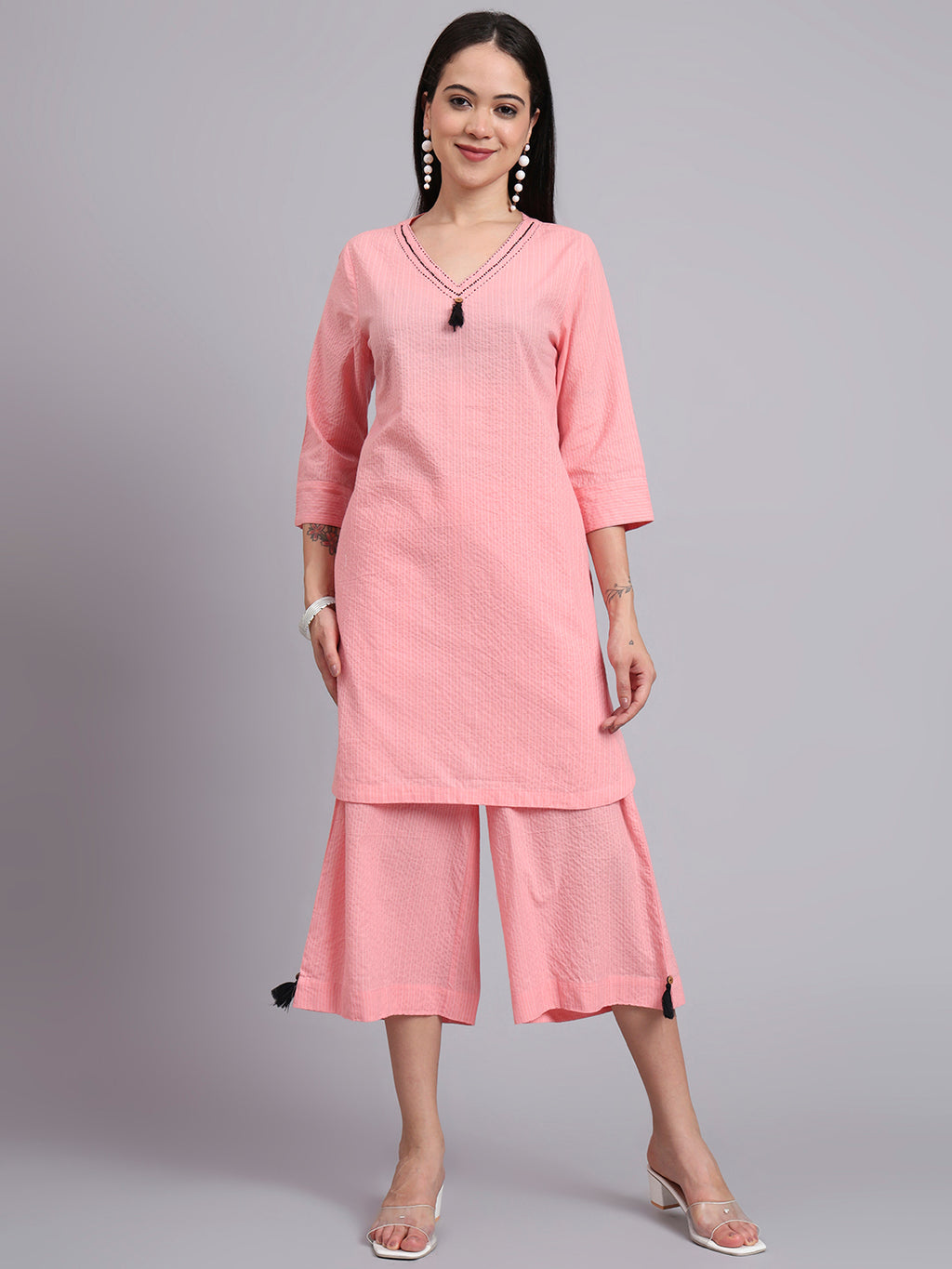 Women Pink Cotton Khatha & Hand Work Co-ord Set (Set of 2)