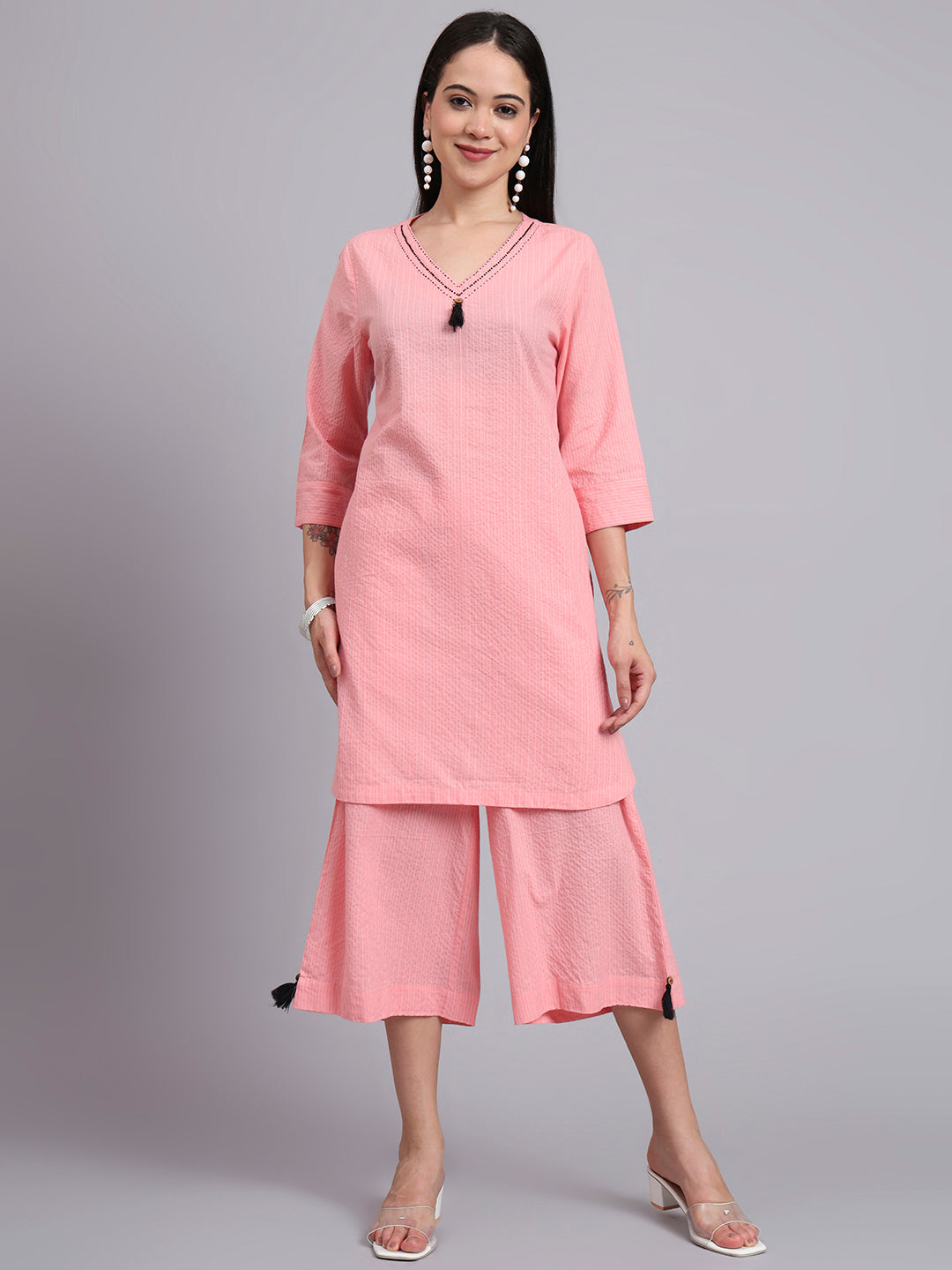 Women Pink Cotton Khatha & Hand Work Co-ord Set (Set of 2)