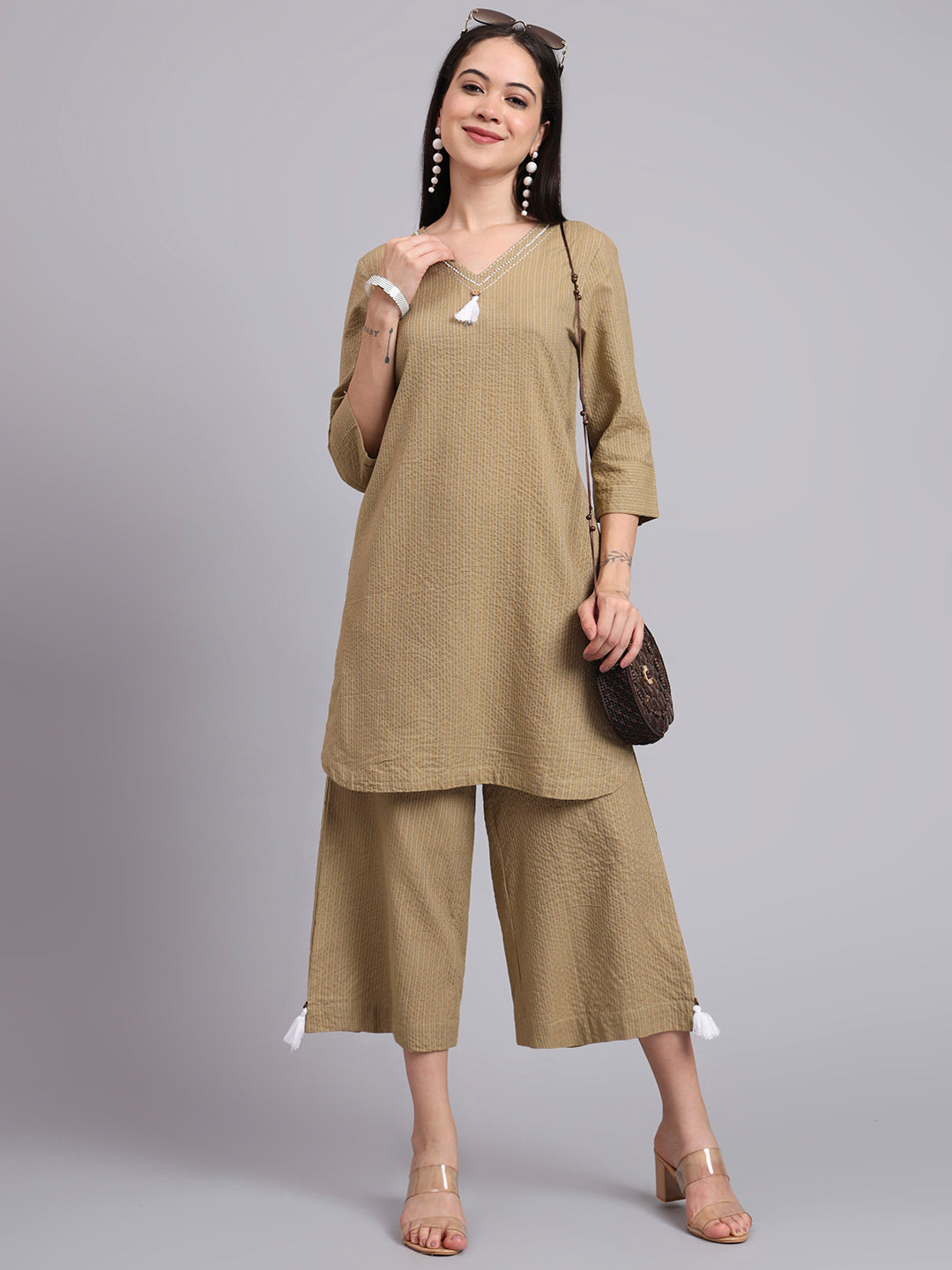 Women Khaki Cotton Khatha & Hand Work Co-ord Set