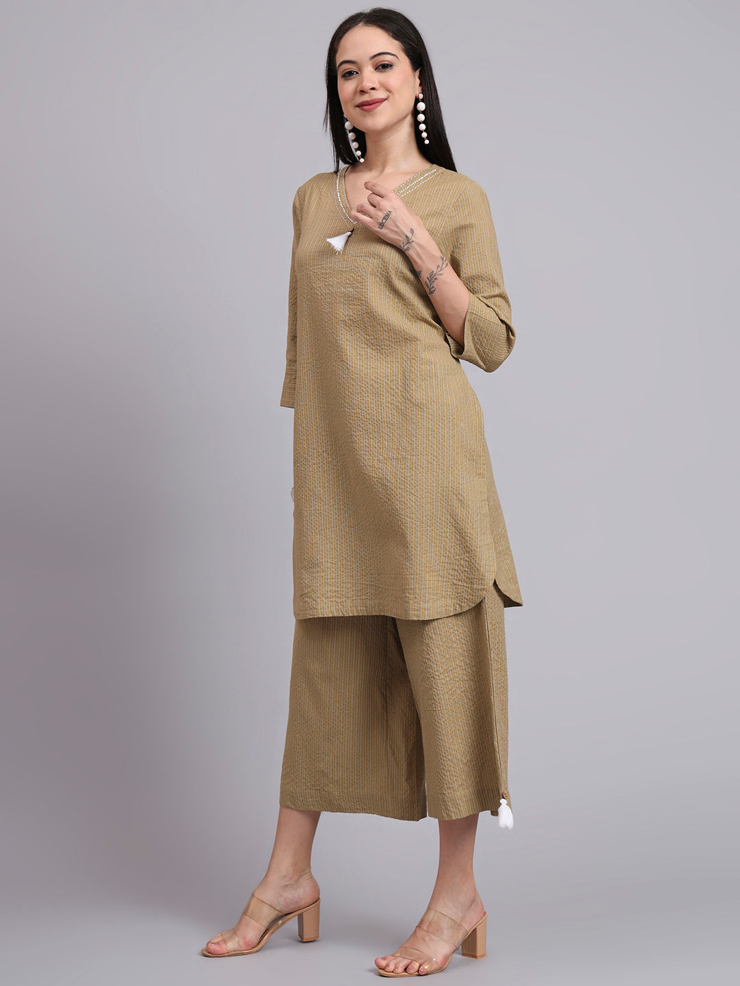 Women Khaki Cotton Khatha & Hand Work Co-ord Set