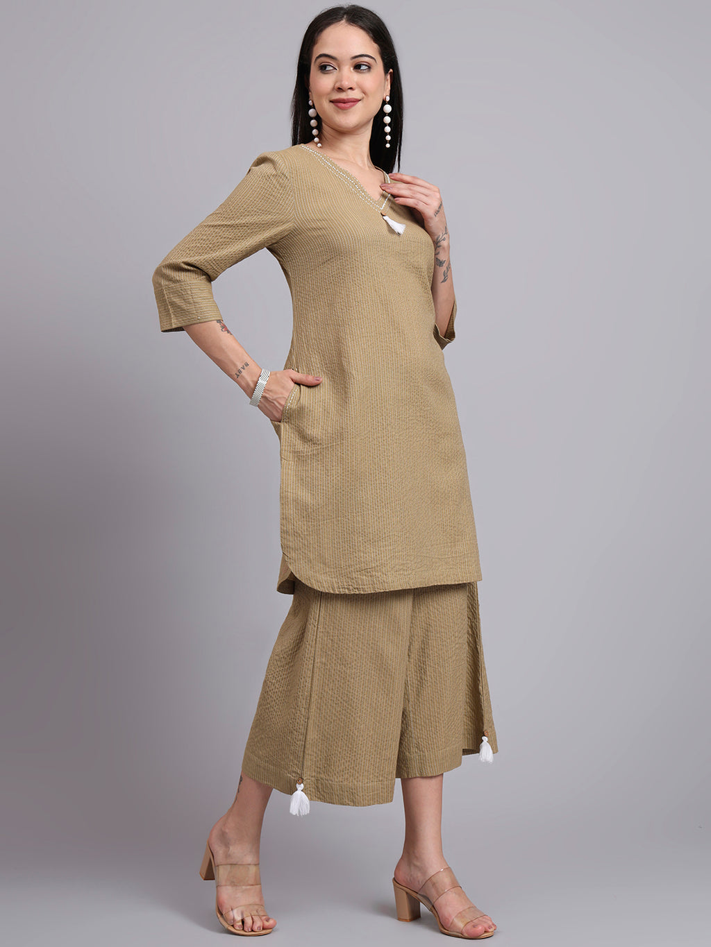 Women Khaki Cotton Khatha & Hand Work Co-ord Set