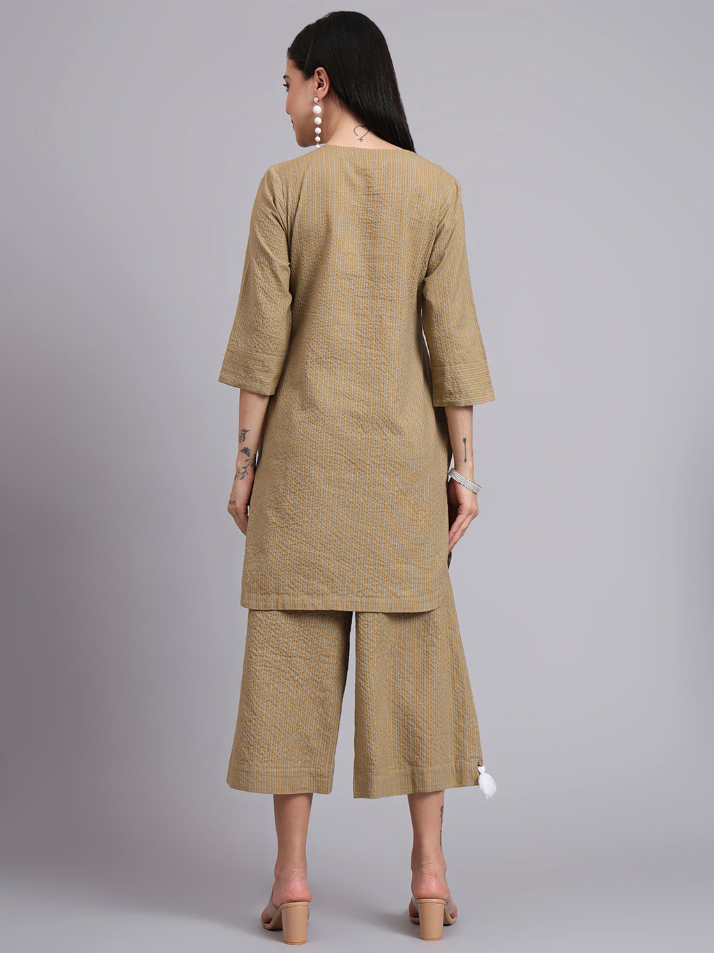 Women Khaki Cotton Khatha & Hand Work Co-ord Set