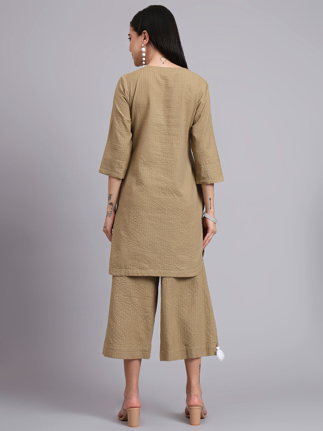 Women Khaki Cotton Khatha & Hand Work Co-ord Set