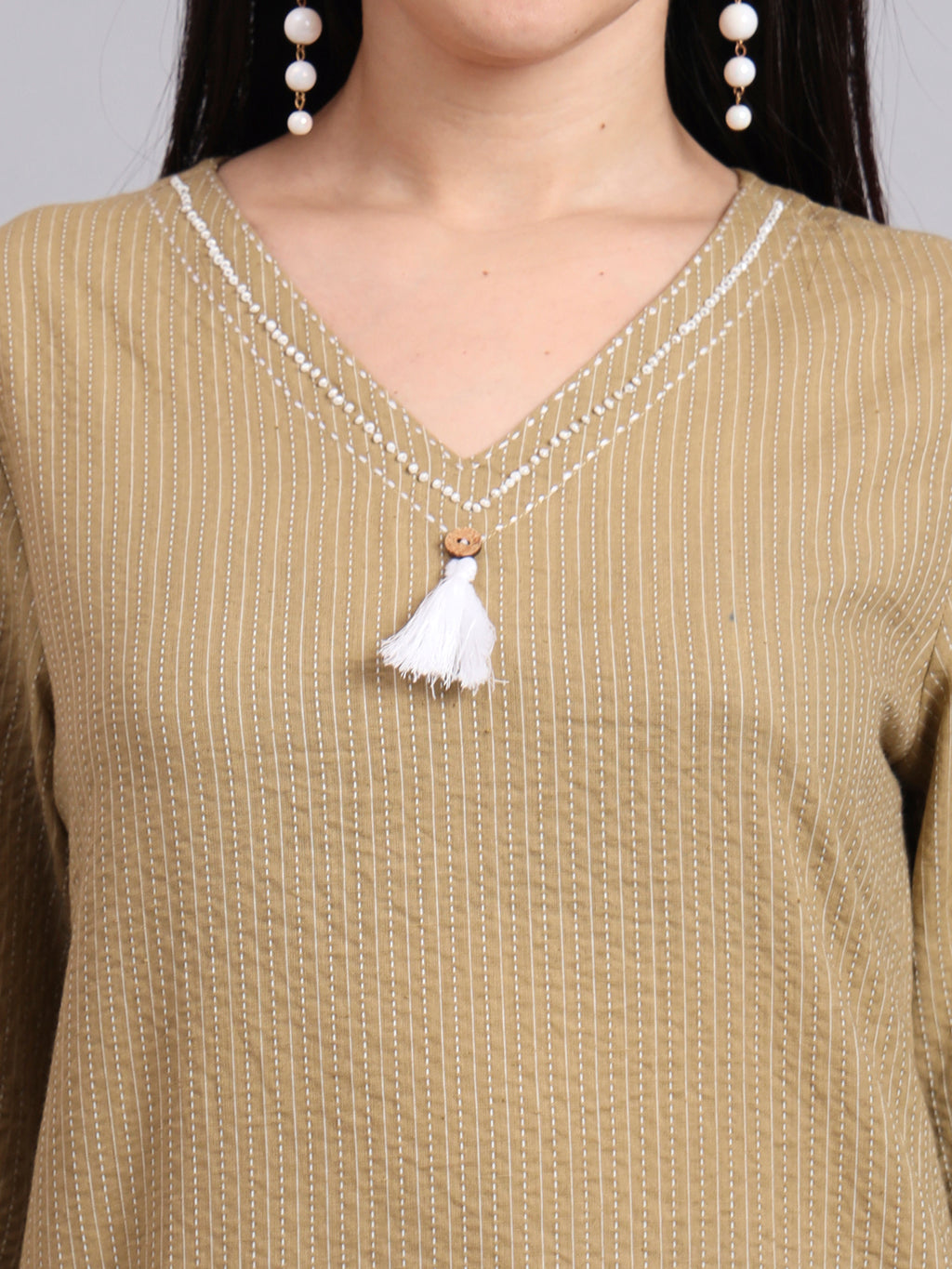 Women Khaki Cotton Khatha & Hand Work Co-ord Set