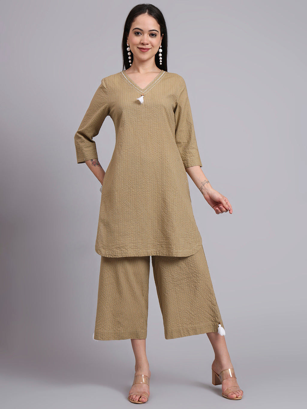 Women Khaki Cotton Khatha & Hand Work Co-ord Set