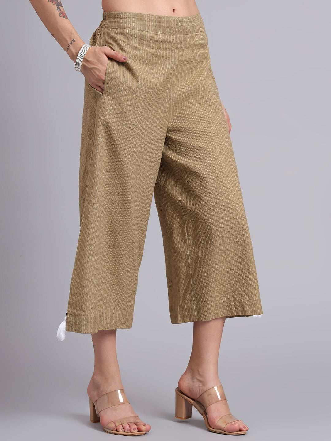 Women Khaki Cotton Khatha & Hand Work Co-ord Set