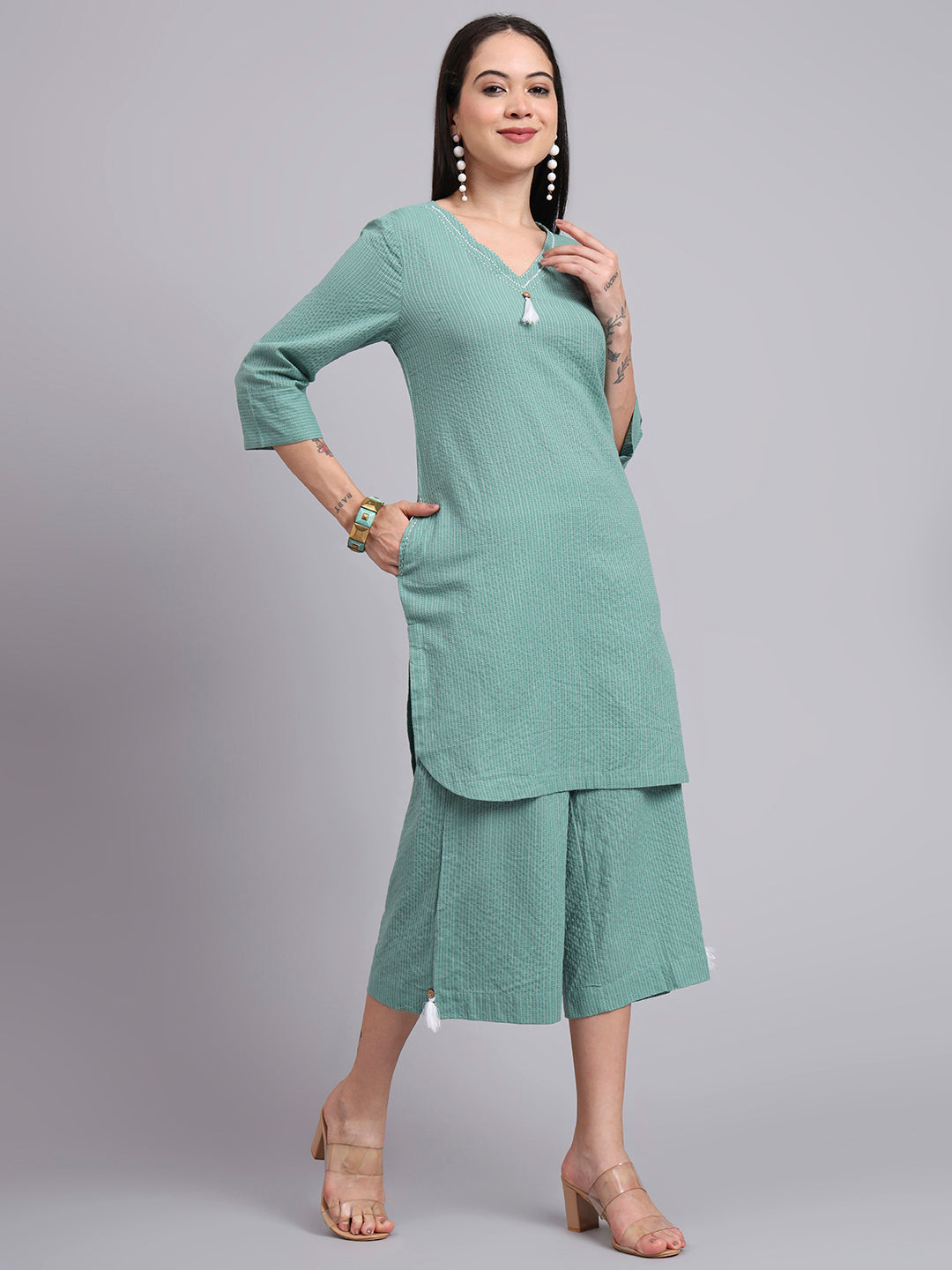 Women Green Cotton Khatha & Hand Work Co-ord Set (Set of 2)