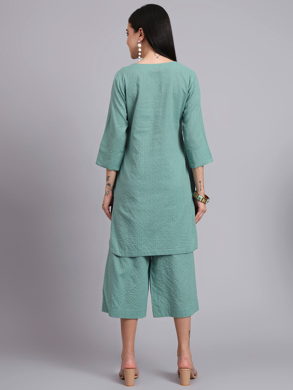 Women Green Cotton Khatha & Hand Work Co-ord Set (Set of 2)