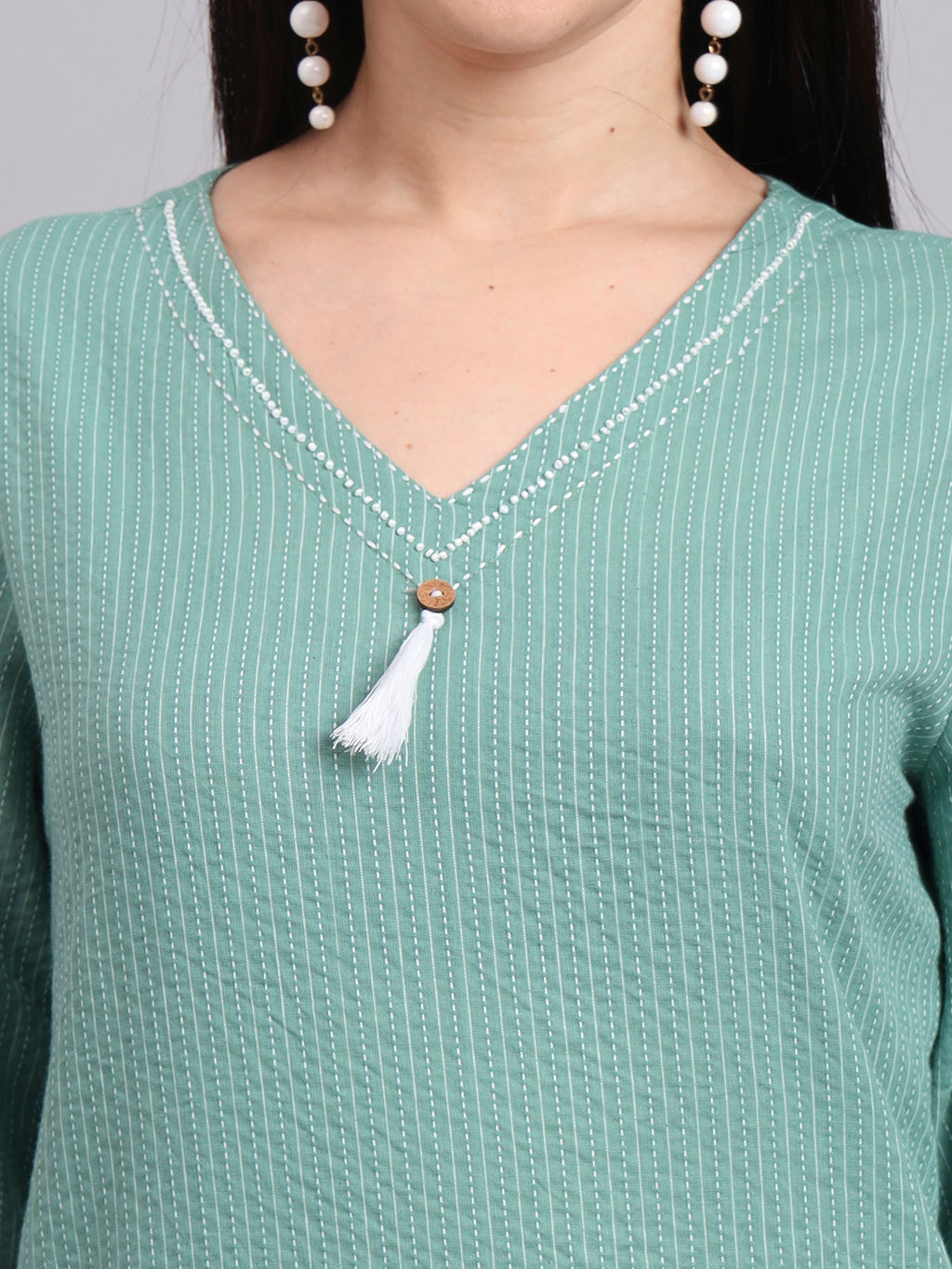 Women Green Cotton Khatha & Hand Work Co-ord Set (Set of 2)