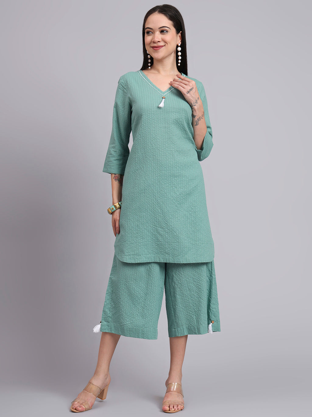 Women Green Cotton Khatha & Hand Work Co-ord Set (Set of 2)