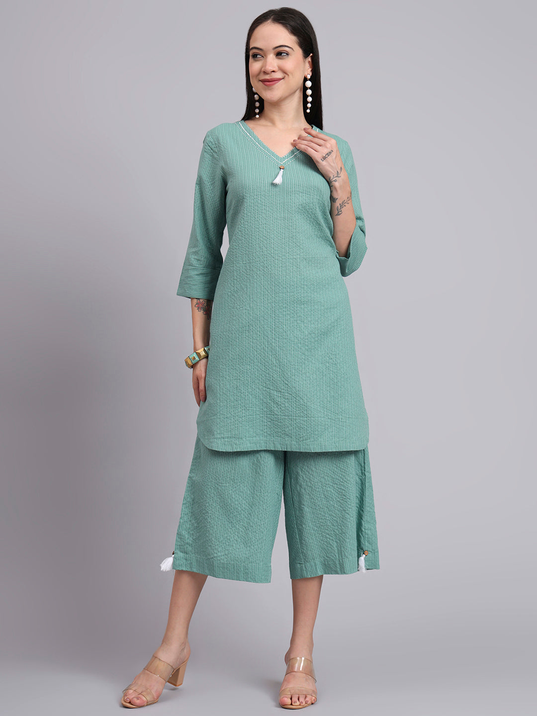 Women Green Cotton Khatha & Hand Work Co-ord Set (Set of 2)
