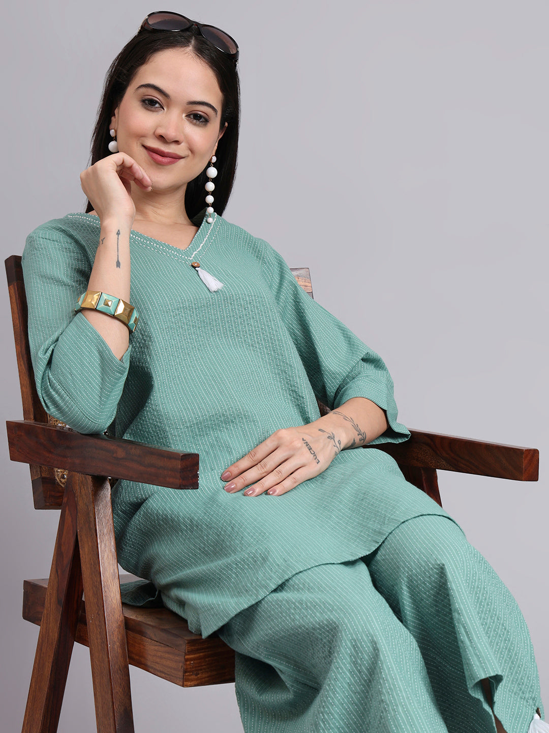 Women Green Cotton Khatha & Hand Work Co-ord Set (Set of 2)