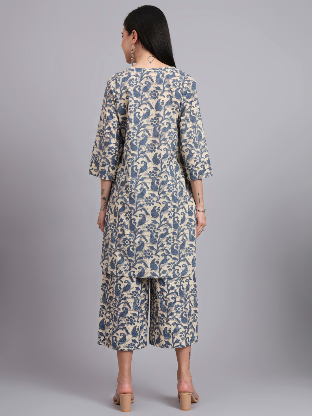 Women Blue Cotton Printed & Hand Work Co-ord Set