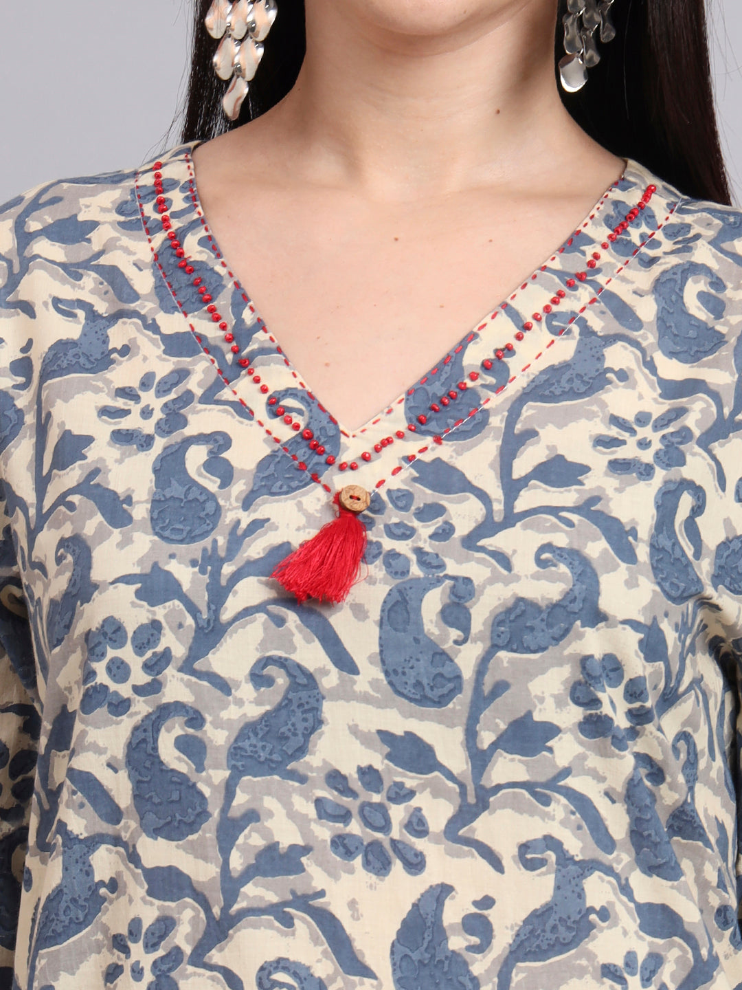 Women Blue Cotton Printed & Hand Work Co-ord Set