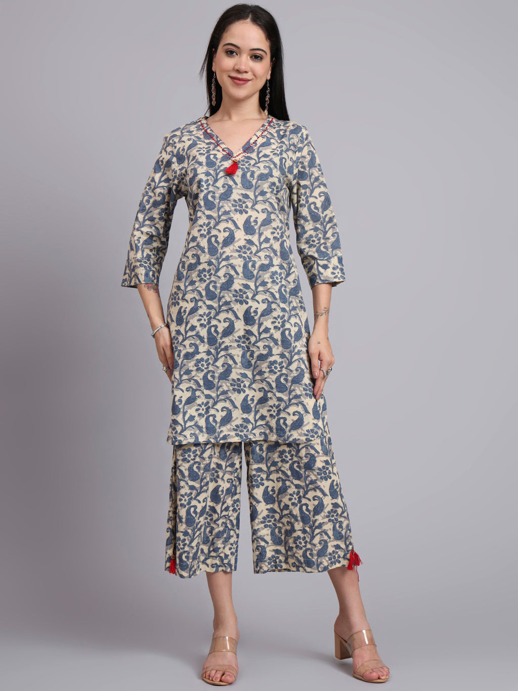 Women Blue Cotton Printed & Hand Work Co-ord Set