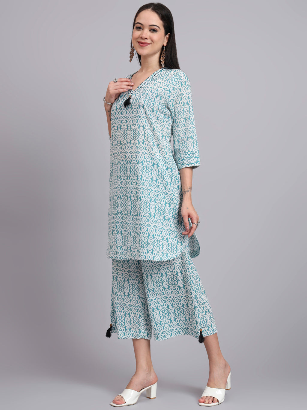 Women  Green Cotton Printed & Hand Work Co-ord Set (Set of 2)