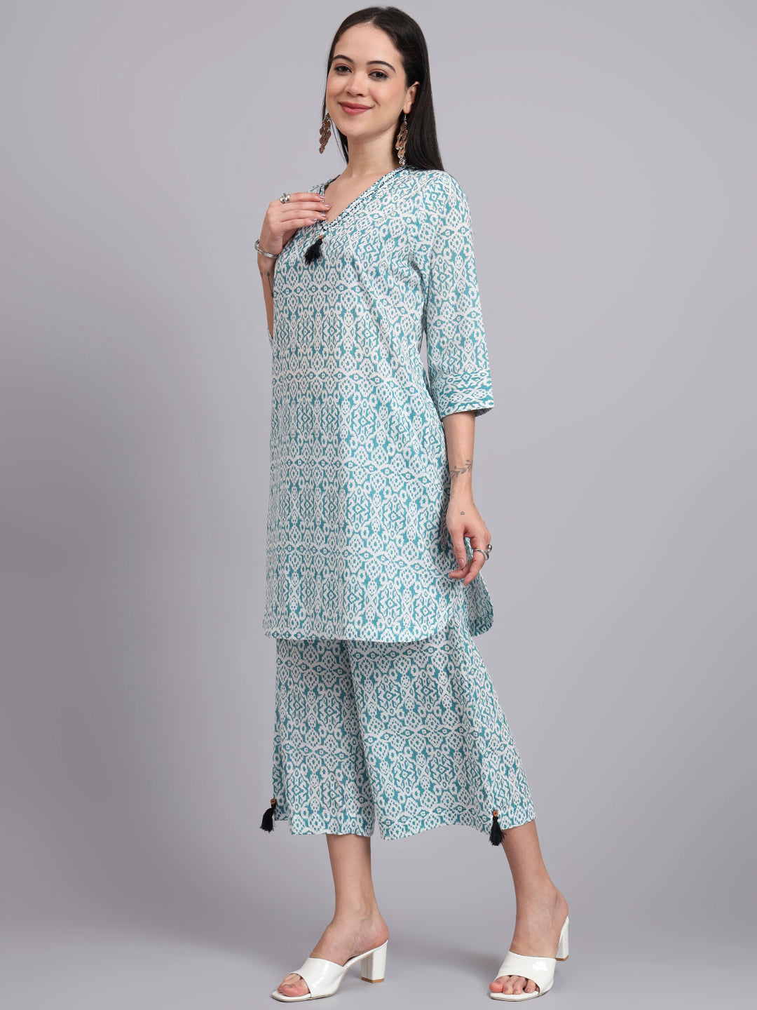 Women  Green Cotton Printed & Hand Work Co-ord Set (Set of 2)