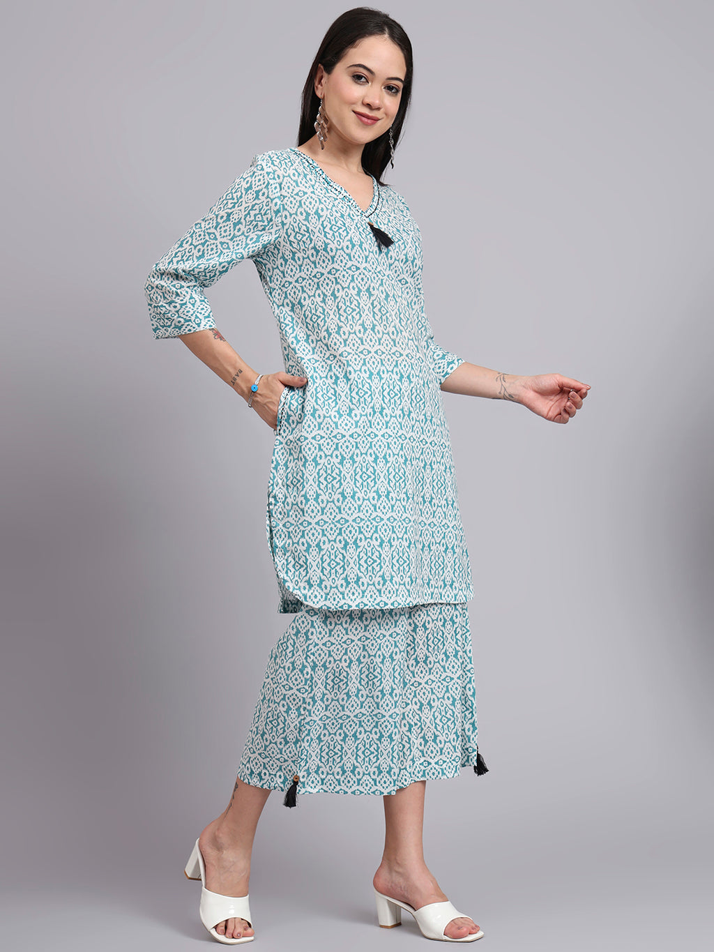 Women  Green Cotton Printed & Hand Work Co-ord Set (Set of 2)