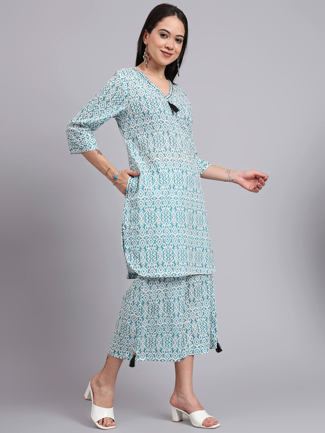 Women  Green Cotton Printed & Hand Work Co-ord Set (Set of 2)