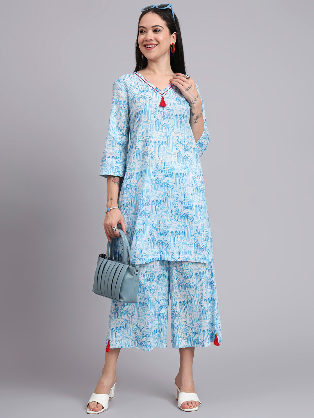 Women Blue Cotton Printed & Hand Work Co-ord Set