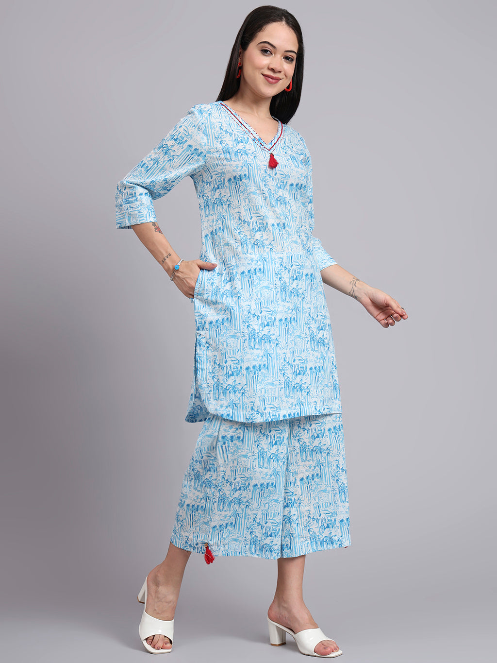 Women Blue Cotton Printed & Hand Work Co-ord Set