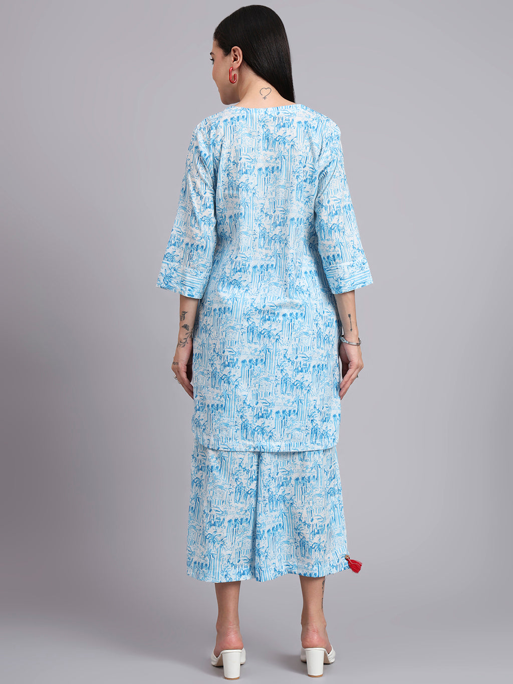 Women Blue Cotton Printed & Hand Work Co-ord Set