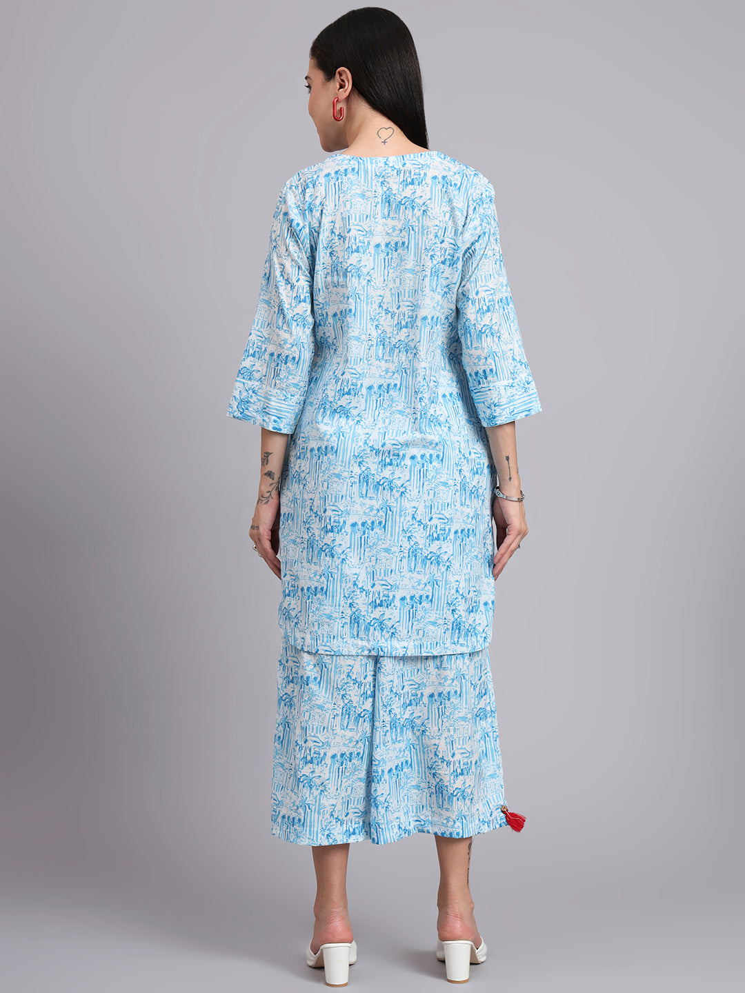 Women Blue Cotton Printed & Hand Work Co-ord Set