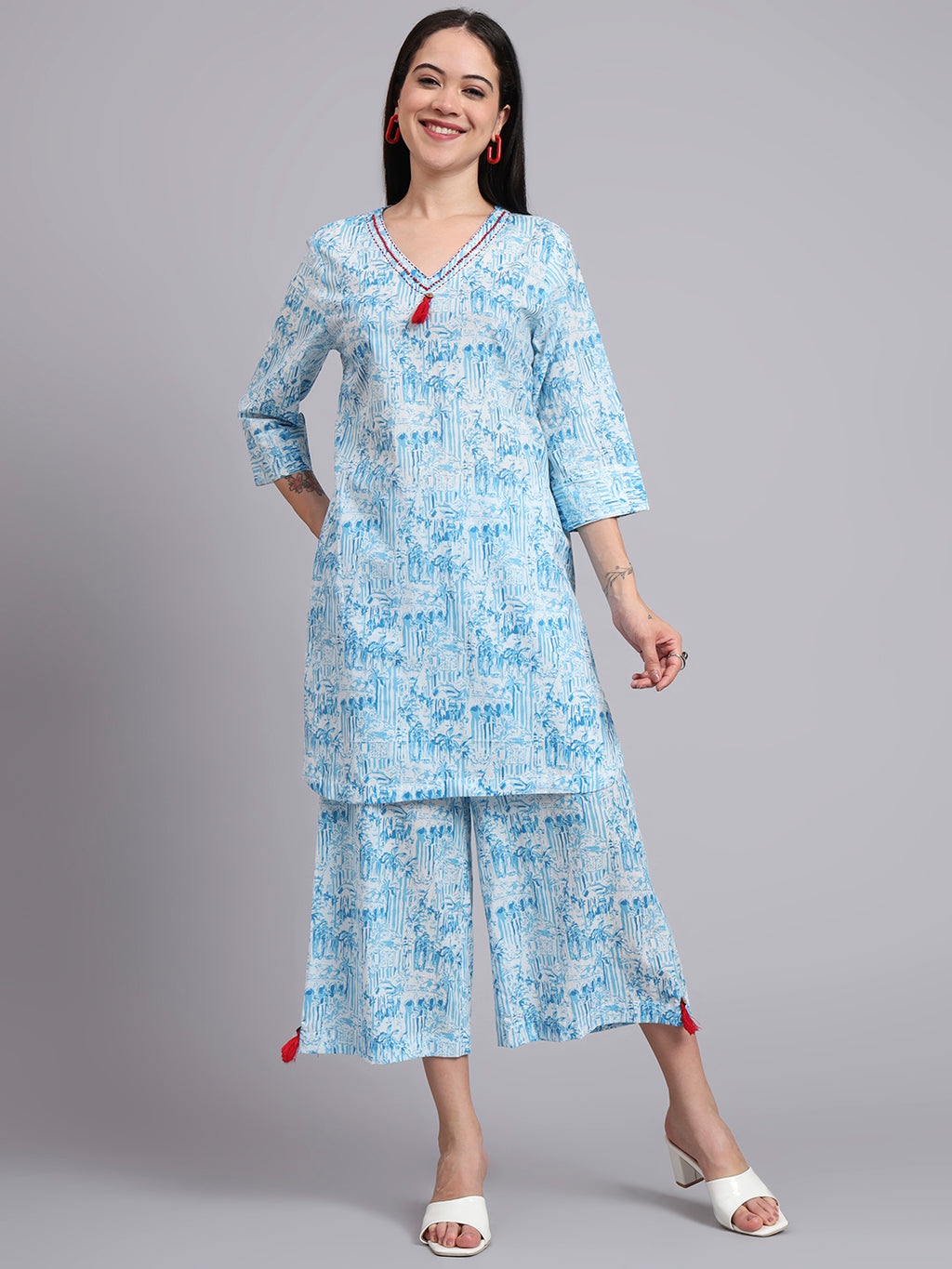 Women Blue Cotton Printed & Hand Work Co-ord Set