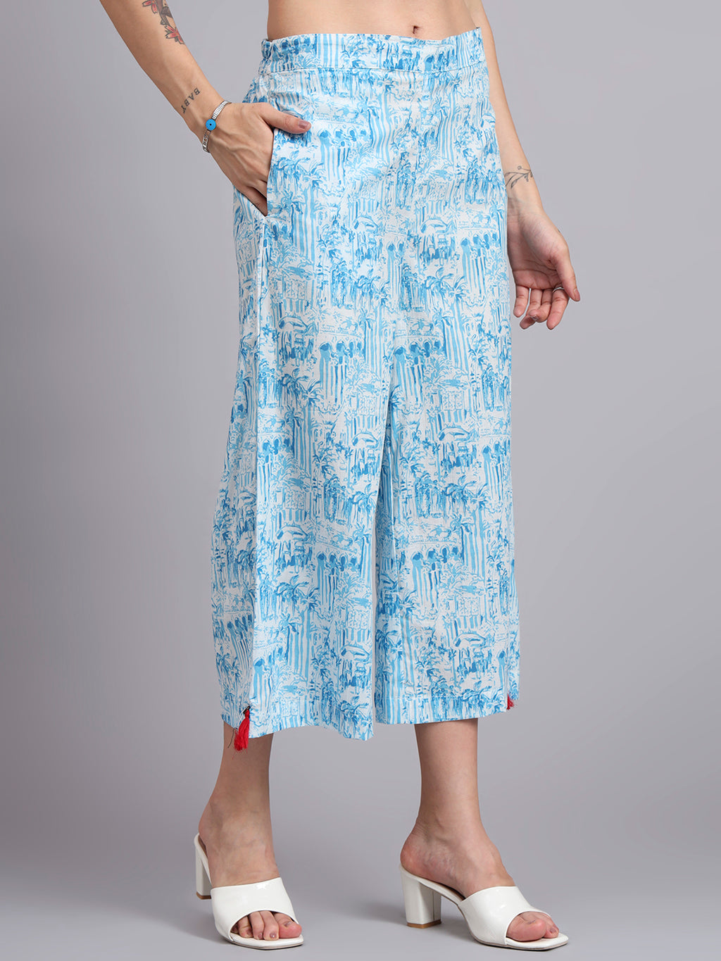 Women Blue Cotton Printed & Hand Work Co-ord Set