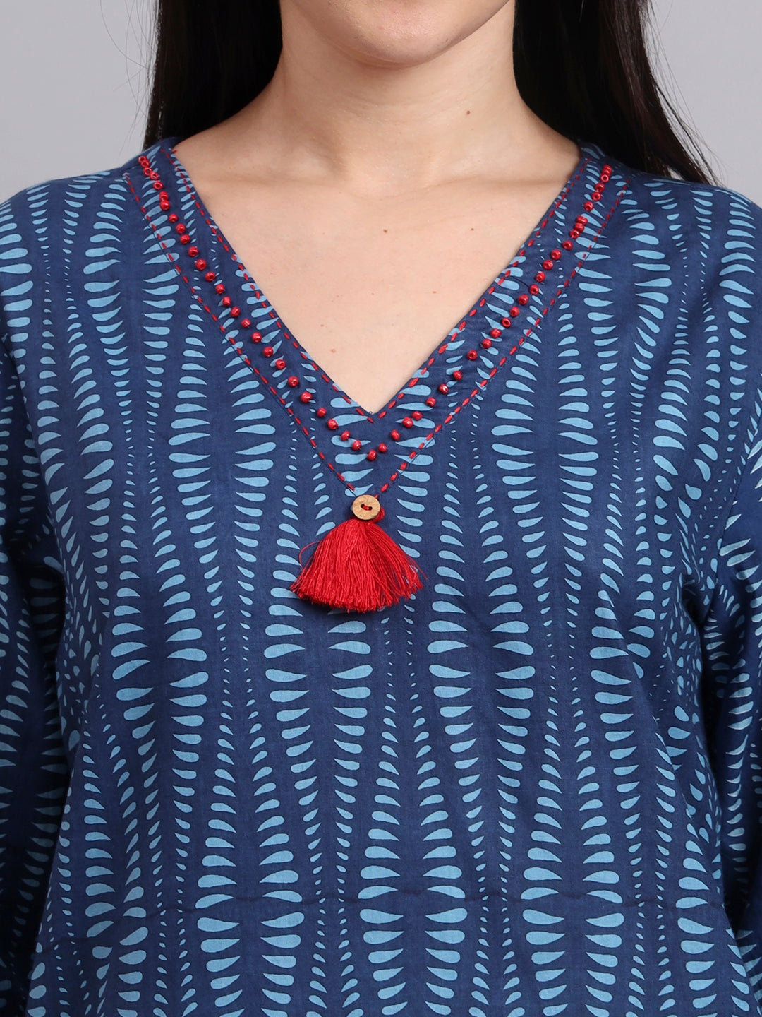 Women Blue Cotton Printed & Hand Work Co-ord Set (Set of 2)