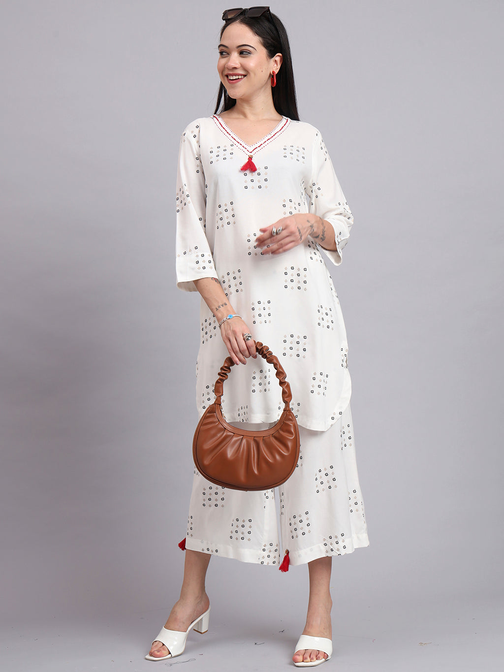 Women Cream Rayon Printed & Hand Work Co-ord Set