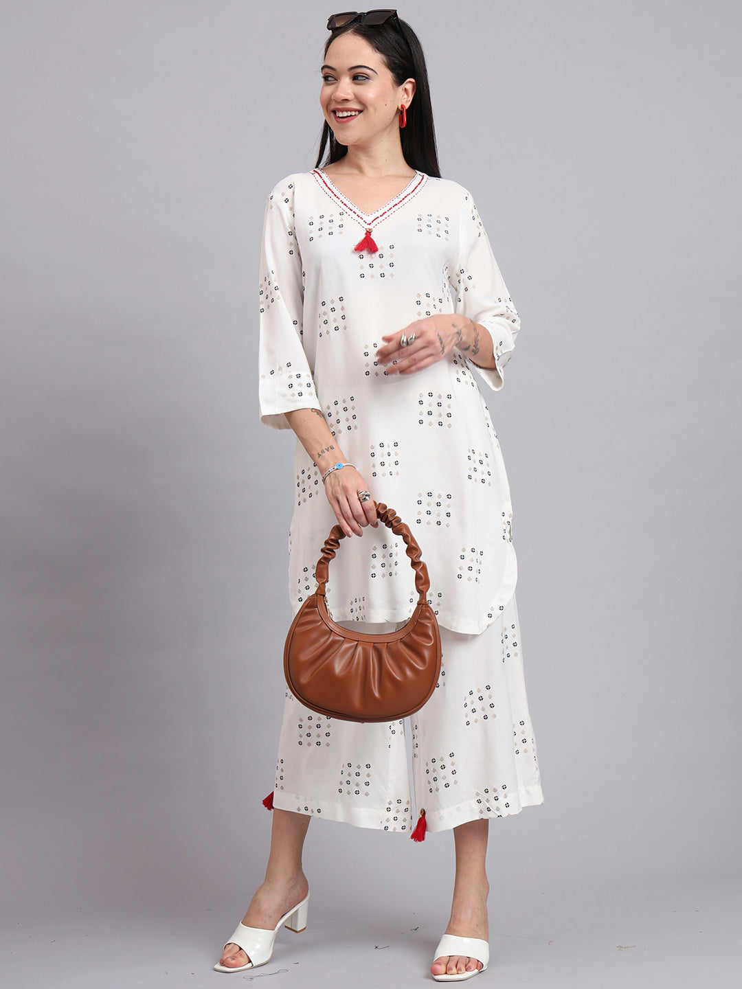 Women Cream Rayon Printed & Hand Work Co-ord Set