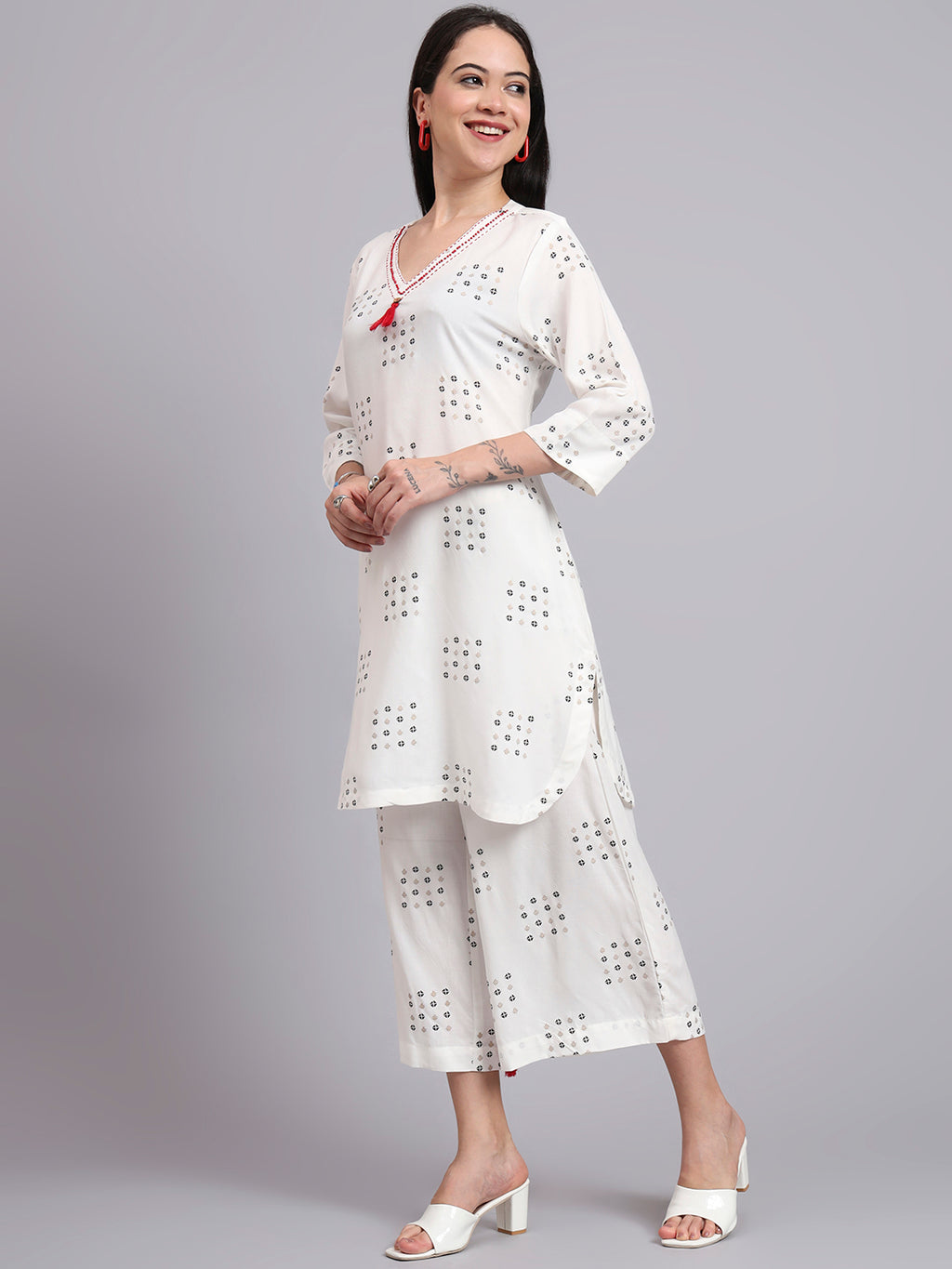 Women Cream Rayon Printed & Hand Work Co-ord Set
