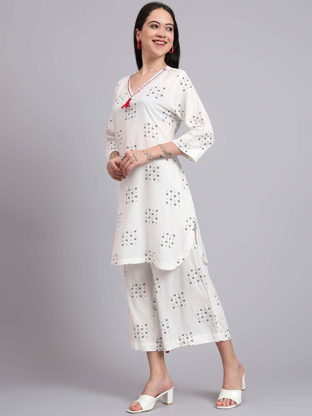 Women Cream Rayon Printed & Hand Work Co-ord Set