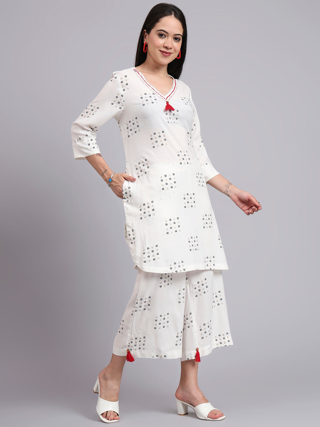Women Cream Rayon Printed & Hand Work Co-ord Set
