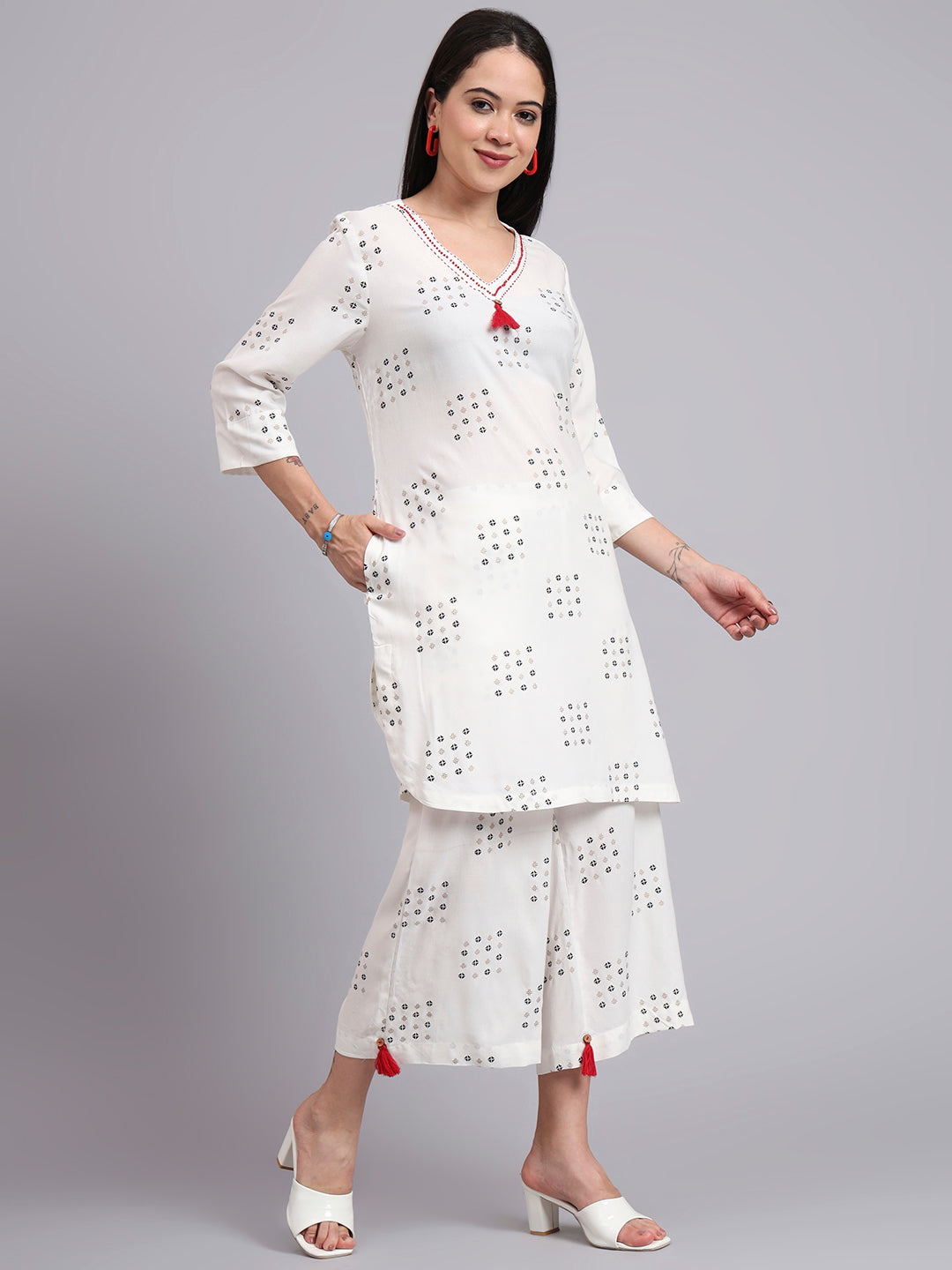 Women Cream Rayon Printed & Hand Work Co-ord Set