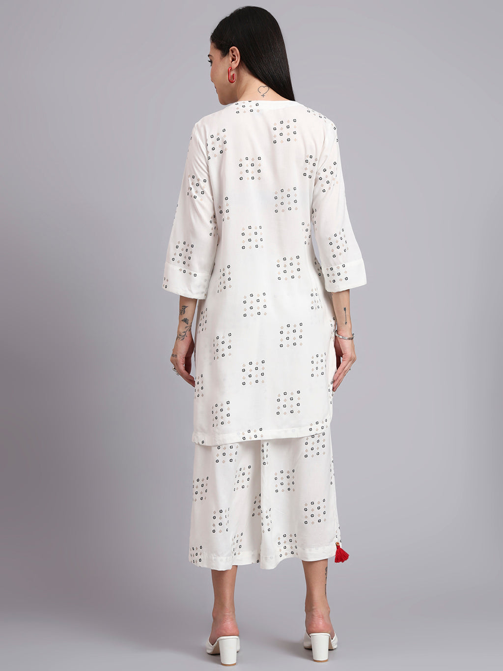 Women Cream Rayon Printed & Hand Work Co-ord Set