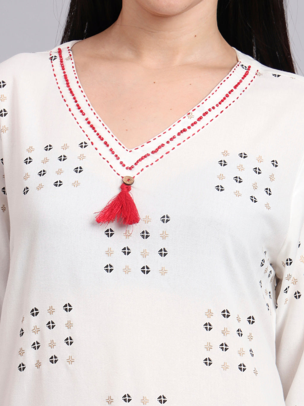 Women Cream Rayon Printed & Hand Work Co-ord Set