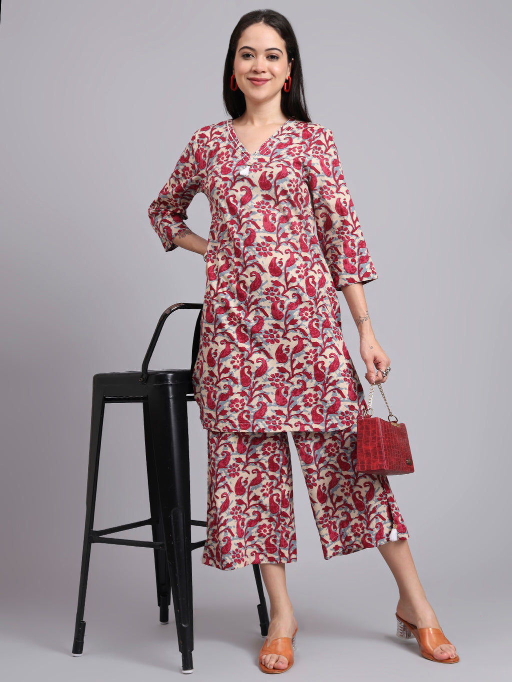 Women Red Cotton Printed & Hand Work Co-ord Set (Set of 2)