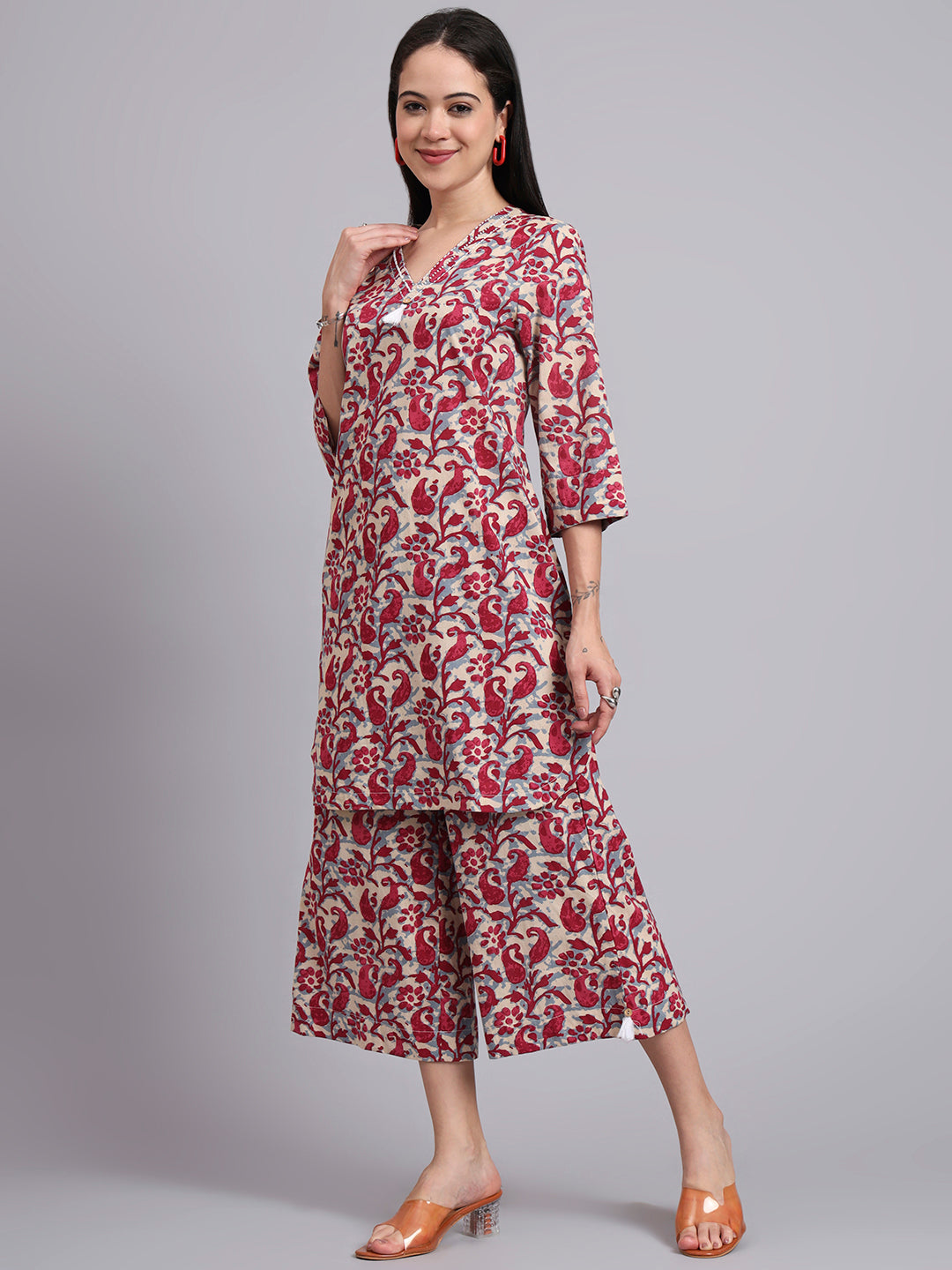 Women Red Cotton Printed & Hand Work Co-ord Set (Set of 2)