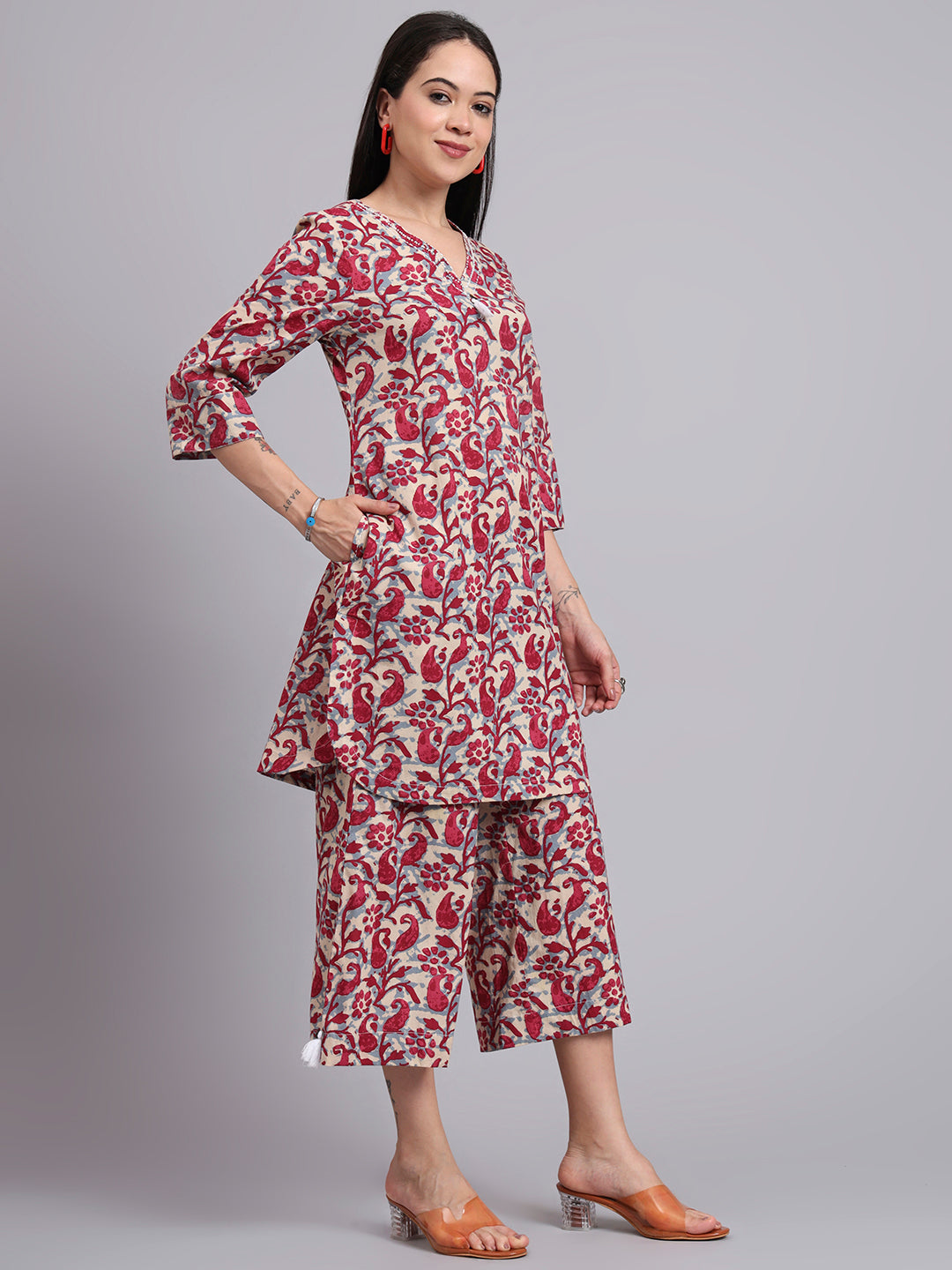 Women Red Cotton Printed & Hand Work Co-ord Set (Set of 2)