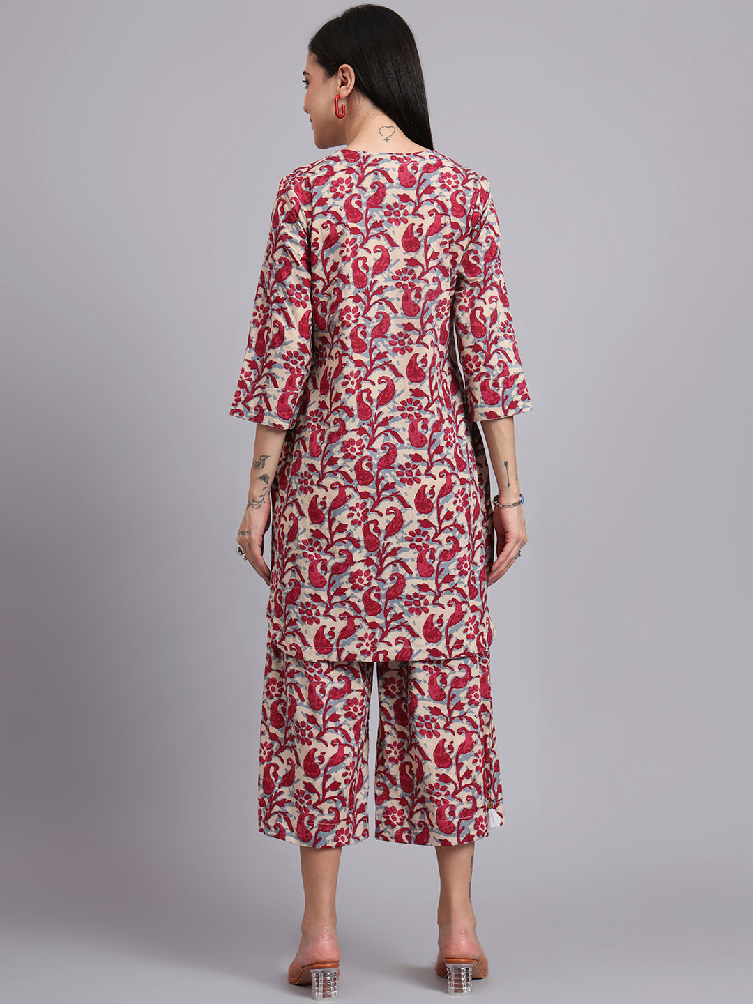 Women Red Cotton Printed & Hand Work Co-ord Set (Set of 2)