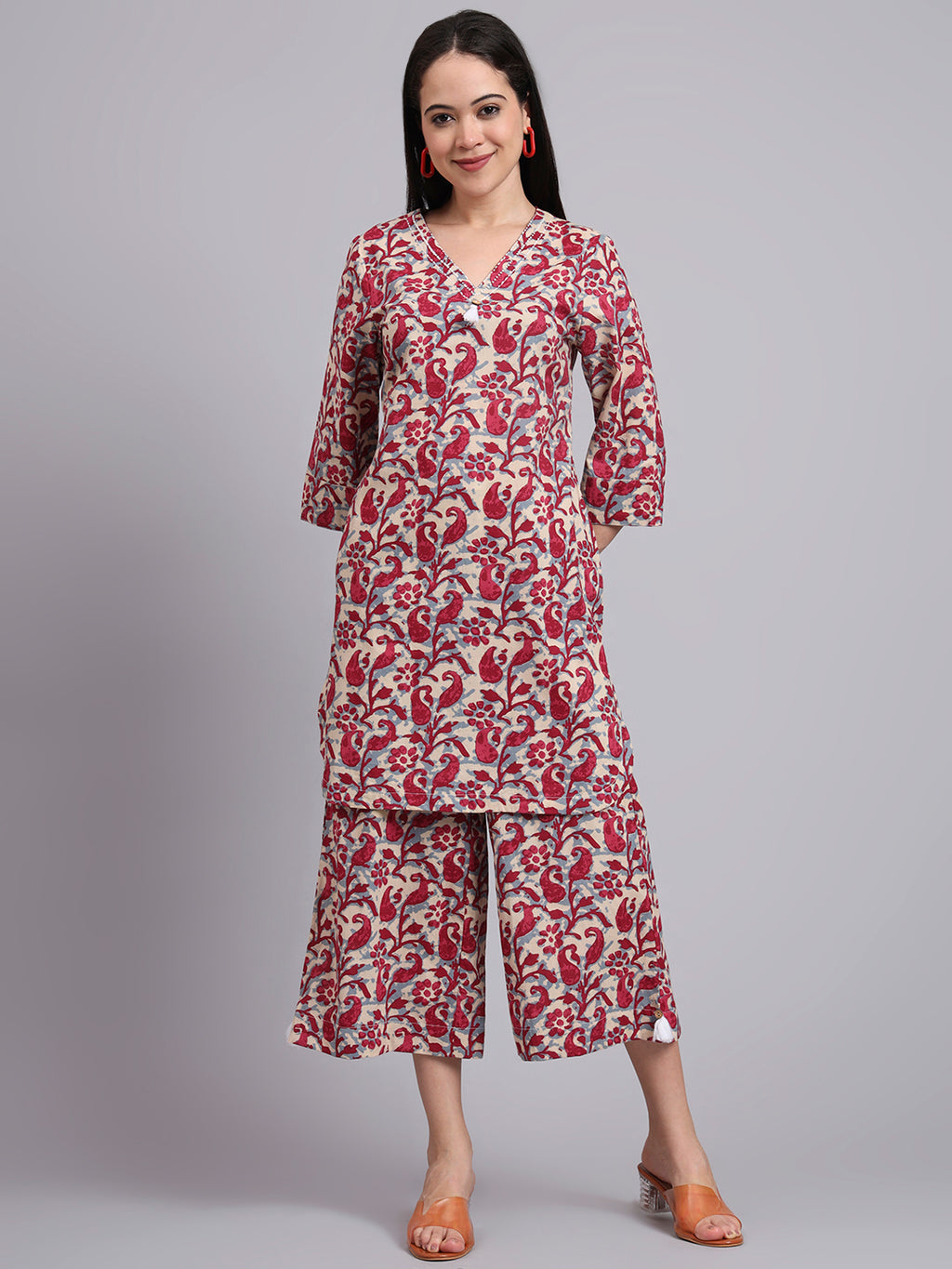 Women Red Cotton Printed & Hand Work Co-ord Set (Set of 2)