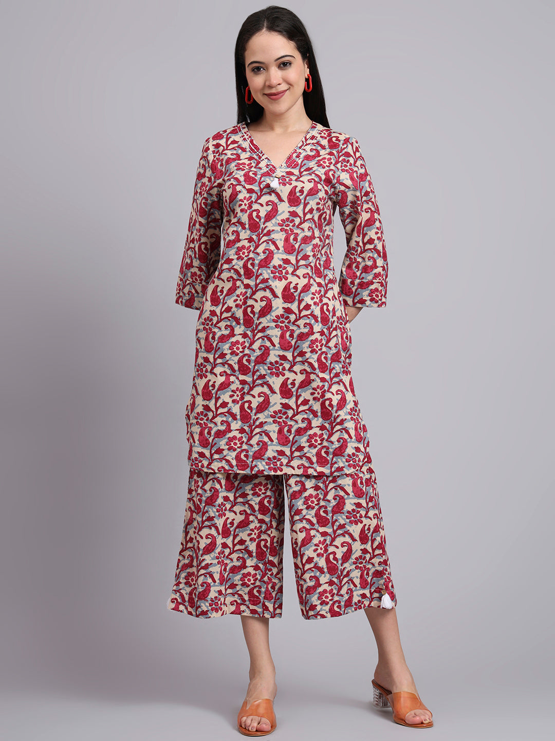 Women Red Cotton Printed & Hand Work Co-ord Set (Set of 2)