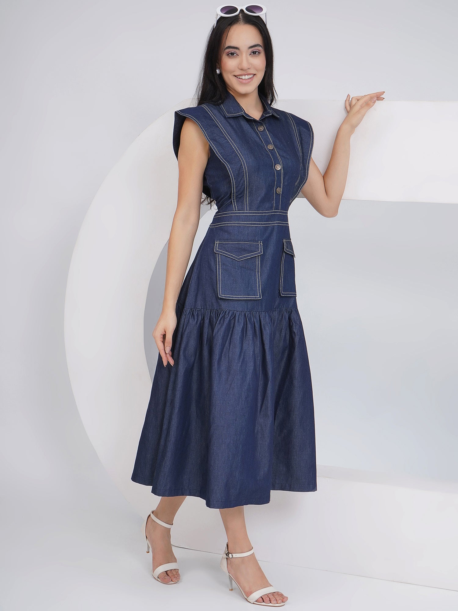 Ethnic Blue Denim Midi Party Wear Dress