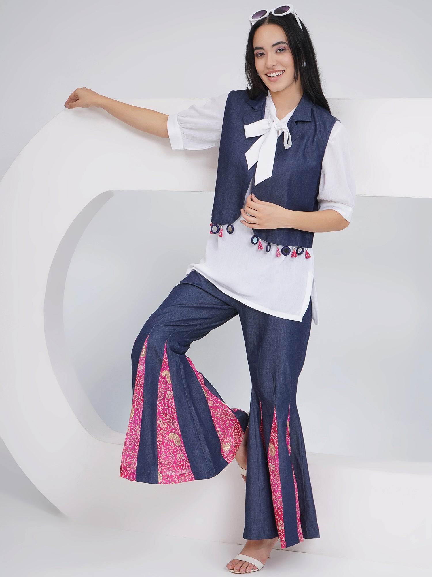 Ethnic White Denim Shara With Shirt and Jacket